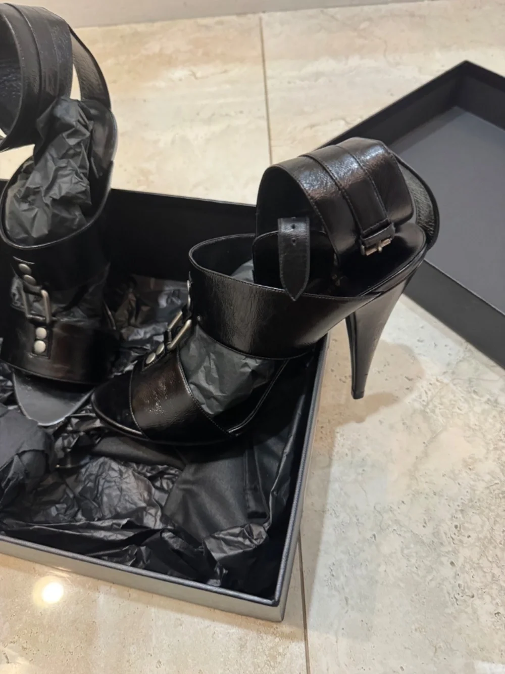 Saint Laurent Paris Black Leather Ankle Strap Stiletto Heels
